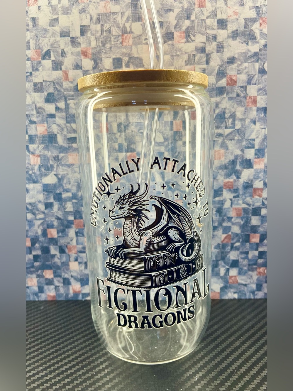 Clear Glass Tumbler with Gold Lid and Dragon Design - Fictional Dragons